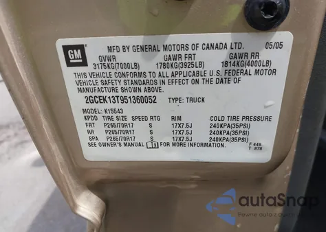 2005 Chevrolet Silverado 1500 Ls z USA, uszkodzony, nr VIN 2GCEK13T951360052